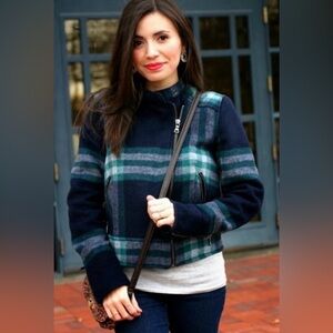 Gap Navy Blue Green Plaid Wool Blend Moto Jacket Quilted Inside Size Large